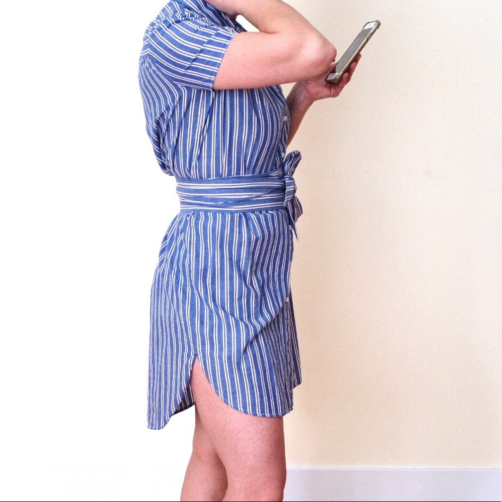 Highline button-up shirt dress with sash - blue, white and pink stripes